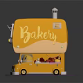 Yellow Bakery Food Truck With Displayed Bread Pastries And Cute Window Design
