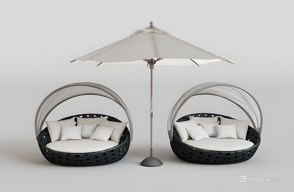 Round Black Rattan Outdoor Chairs with White Cushions and Umbrella 3d model 