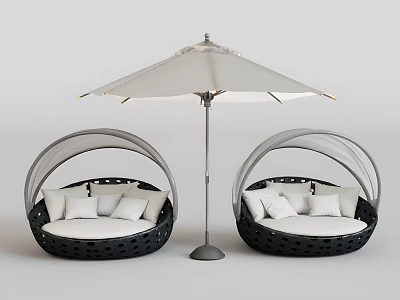 Round Black Rattan Outdoor Chairs with White Cushions and Umbrella 3d model