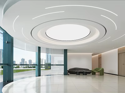 Modern Reception Area With Circular Ceiling Light Large Windows City View Sofa And Green Chairs 3d model