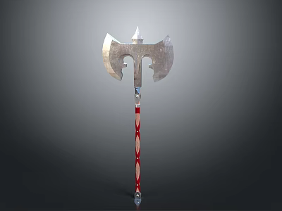 Medieval Battle Axe With Metal Blade Central Spike And Red White Decorative Striped Handle 3d model