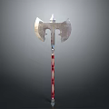 Medieval Battle Axe With Metal Blade Central Spike And Red White Decorative Striped Handle