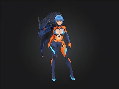 Female Character in Blue Orange Tight Combat Suit with Black Dragon Creature Behind 3D Render 3d model