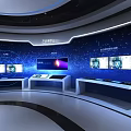 Modern Technology Exhibition Space With Circular Platform Blue Lighting And Digital Screens