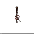 Vintage Industrial Manual Tool With Wooden Handle Metal Structure Chain Mechanism And Red Components