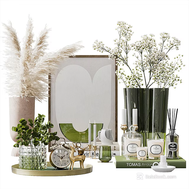 Elegant Decorative Ornament Arrangement With Pampas Grass Flowers Vases Framed Art Candles Green Plants 3d model 