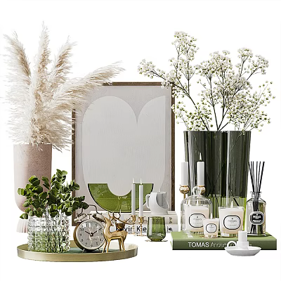 Elegant Decorative Ornament Arrangement With Pampas Grass Flowers Vases Framed Art Candles Green Plants 3d model