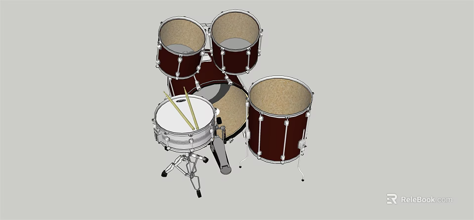 Professional Brown Drum Set With Multiple Drums Metal Stands And Drumsticks 3d model 