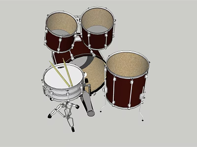 Professional Brown Drum Set With Multiple Drums Metal Stands And Drumsticks 3d model
