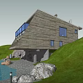 Modern Detached Villa By Waterfront With Green Lawn Rock Wooden Facade Large Windows And Balcony