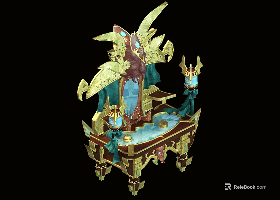 Ornate Dressing Table With Golden Accents Blue Decor And Elegant Mirror Design 3d model 