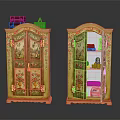 Floral Painted Yellow Decorative Cabinets With Glass Doors Open Door And Top Decor Items