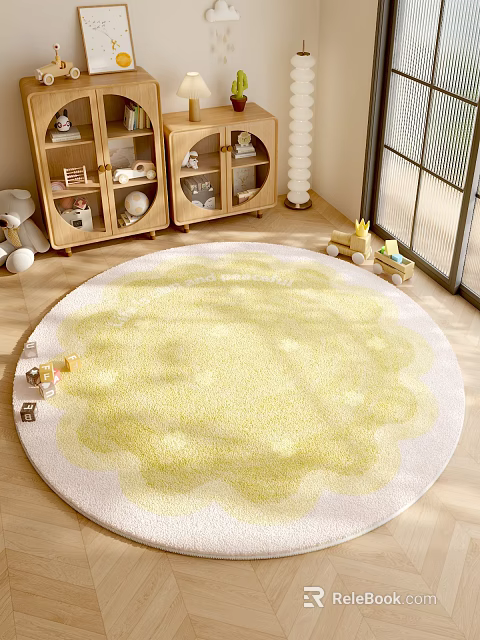 Round Rug With Soft Yellow And White Pattern In Kids Playroom Wooden Cabinets Near Window 3d model 