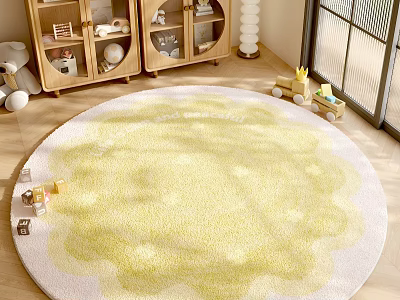 Round Rug With Soft Yellow And White Pattern In Kids Playroom Wooden Cabinets Near Window 3d model
