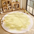 Round Rug With Soft Yellow And White Pattern In Kids Playroom Wooden Cabinets Near Window