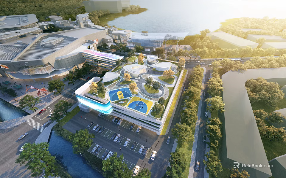 Modern Building Complex With Rooftop Sports Areas Greenery Roads And Waterfront 3d model 