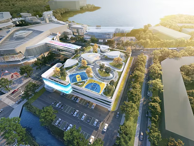 Modern Building Complex With Rooftop Sports Areas Greenery Roads And Waterfront 3d model