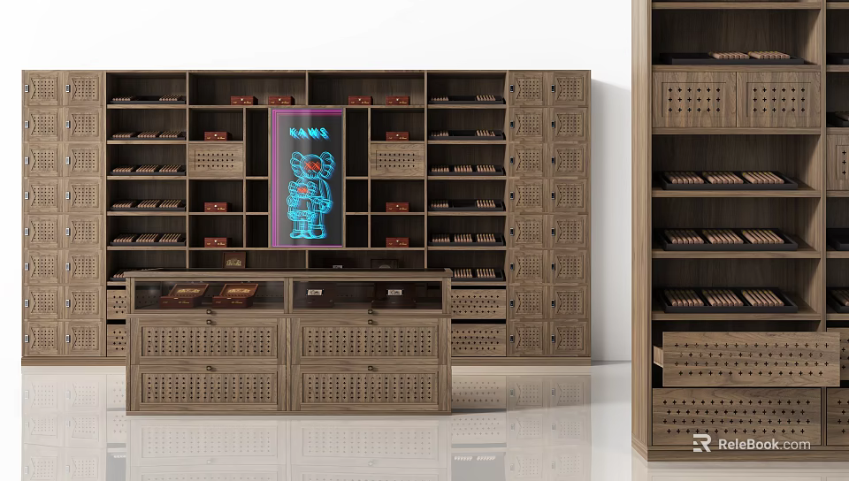 Wooden Decorative Cabinet With Multiple Shelves Drawers And Perforated Design For Items 3d model 