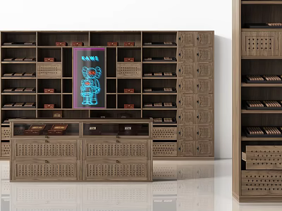 Wooden Decorative Cabinet With Multiple Shelves Drawers And Perforated Design For Items 3d model