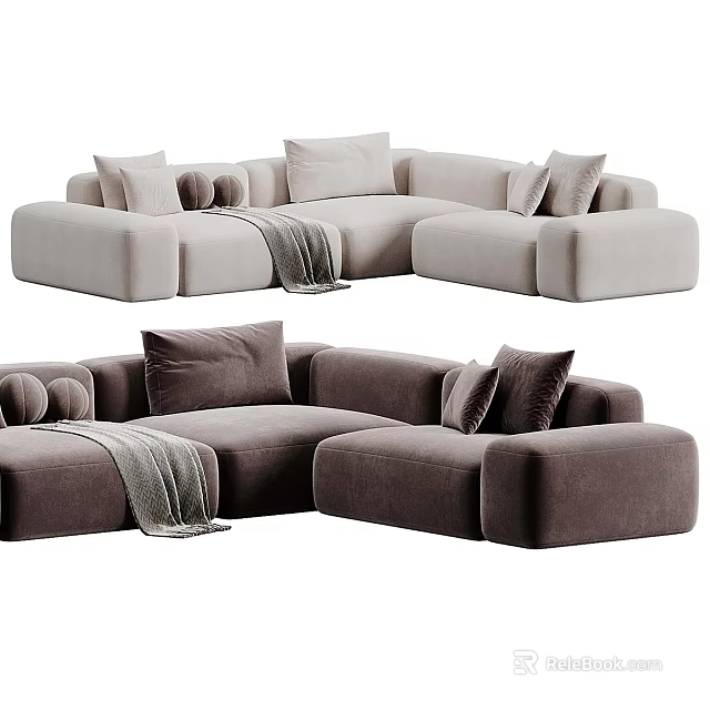 Modern Sectional Sofa With Plush Pillows And Throw Blanket In Light Beige Dark Brown Tones 3d model 