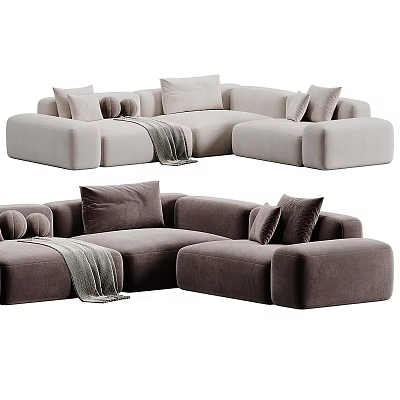 Modern Sectional Sofa With Plush Pillows And Throw Blanket In Light Beige Dark Brown Tones 3d model