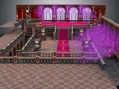 Cartoon Castle Palace Interior With Red Carpet Stairs Arched Windows Purple Lighting And Decorative Columns 3d model