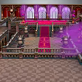 Cartoon Castle Palace Interior With Red Carpet Stairs Arched Windows Purple Lighting And Decorative Columns