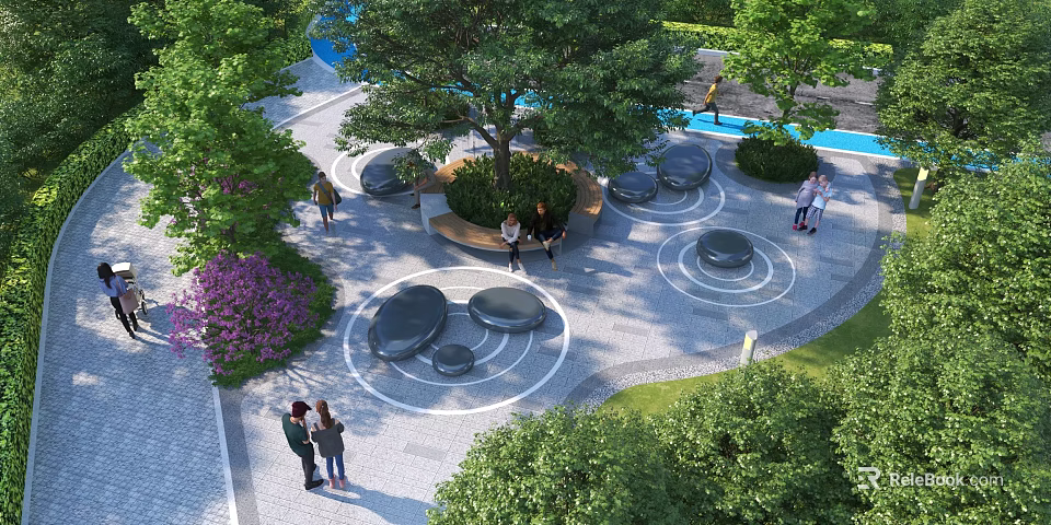Scenic Park Landscape With Large Trees Circular Paved Area Rock Seats Purple Flowers And Visitors 3d model 
