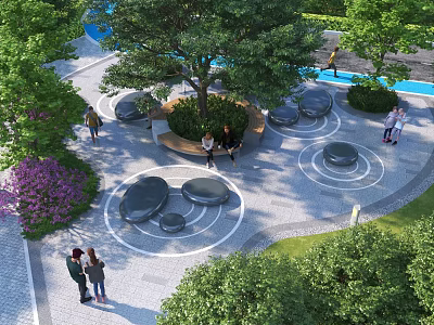 Scenic Park Landscape With Large Trees Circular Paved Area Rock Seats Purple Flowers And Visitors 3d model
