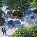 Scenic Park Landscape With Large Trees Circular Paved Area Rock Seats Purple Flowers And Visitors