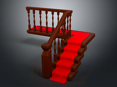 Wooden Staircase With Red Carpet And Traditional Railing Design Elements 3d model