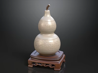 Gourd Shaped Ceramic Decorative Ornament With Brown Stand And Geometric Patterns 3d model