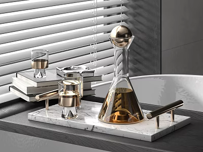 Elegant Wine Decanter And Glasses On Marble Tray With Window Blinds And Stack Of Books 3d model