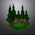 Modern 3D Rendered Forest Scene With Green Pine Trees Stone Steps And Wooden Barrel