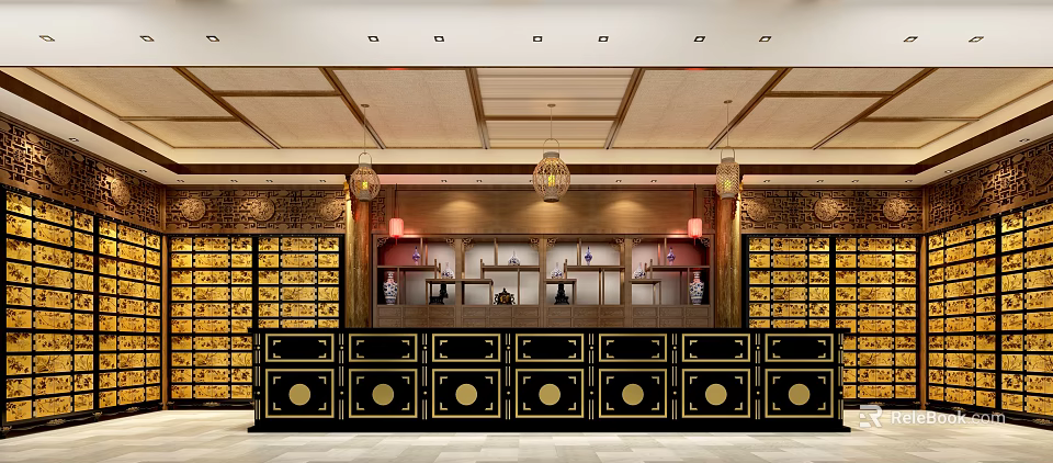 Traditional Chinese Hall Interior Design With Hanging Chandeliers Antique Shelves And Cabinets 3d model 