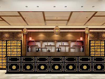 Traditional Chinese Hall Interior Design With Hanging Chandeliers Antique Shelves And Cabinets 3d model