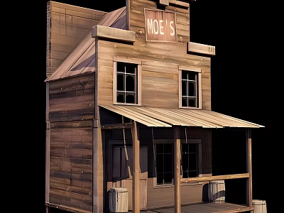 Rustic Wooden Cabin Featuring MOE'S Sign Porch Awning Windows and Barrels 3d model