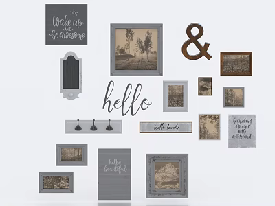 Vintage Photo Wall With Various Framed Pictures Decorative Text Signs Hello Quotes And Good Vibes 3d model