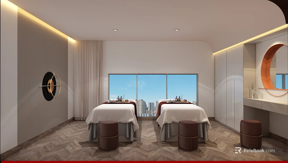 Elegant Modern Beauty Salon With Two Treatment Beds Large Windows And City View 3d model 