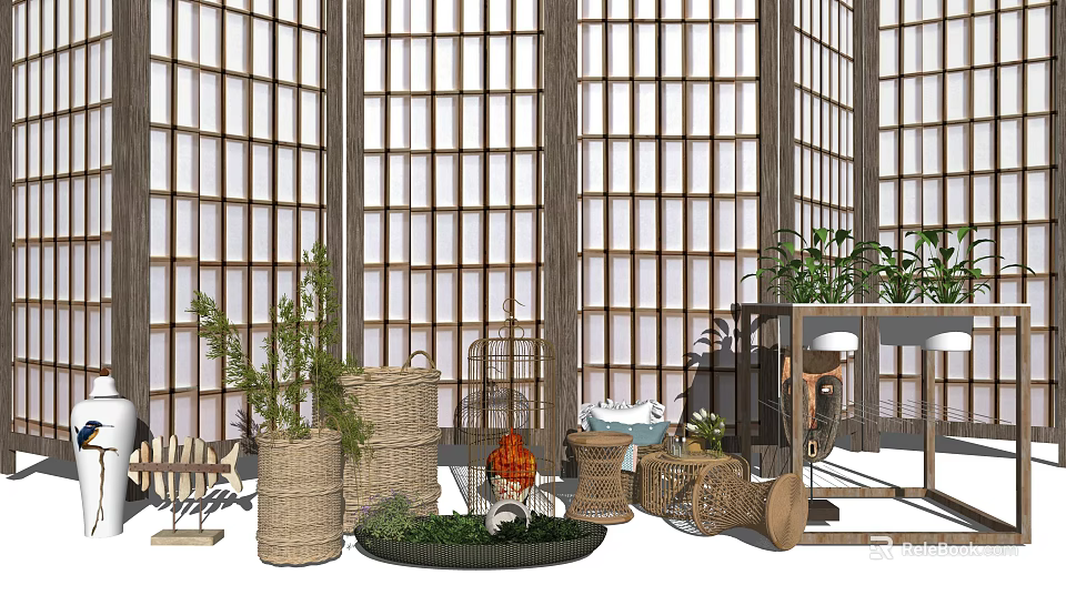 Natural Style Decorative Ornament Combination With Bamboo Grid Screen Green Plants Woven Baskets And Birdcage 3d model 