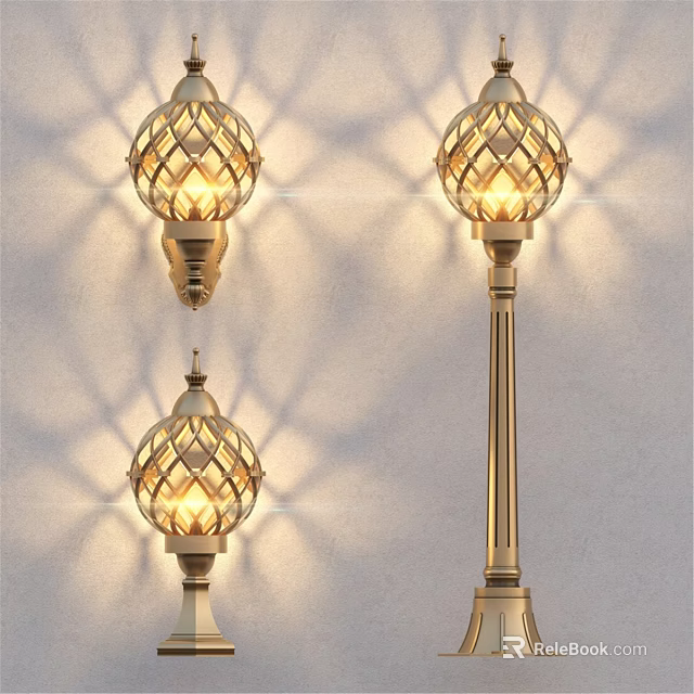 Elegant Brass Outdoor Lights With Lattice Shades Wall Mounted And Pole Standing Illuminated 3d model 