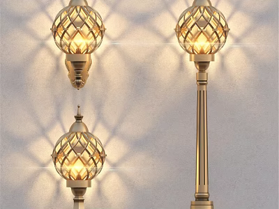 Elegant Brass Outdoor Lights With Lattice Shades Wall Mounted And Pole Standing Illuminated 3d model
