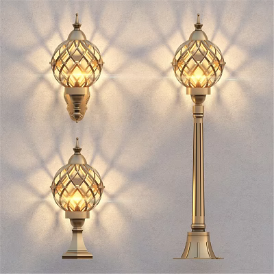 Elegant Brass Outdoor Lights With Lattice Shades Wall Mounted And Pole Standing Illuminated 3d model