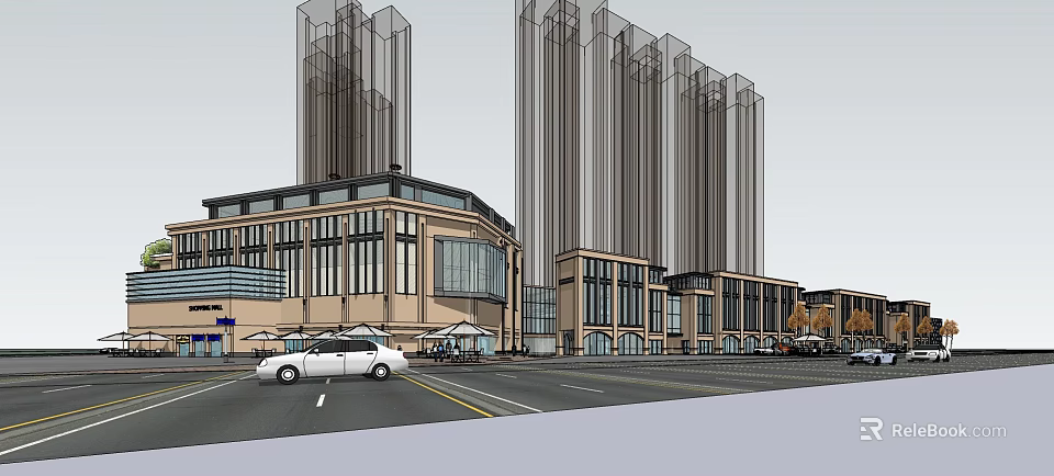 Modern Commercial Street Featuring Tall Buildings Streetfront Shops Outdoor Umbrellas And Cars 3d model 