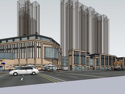 Modern Commercial Street Featuring Tall Buildings Streetfront Shops Outdoor Umbrellas And Cars 3d model
