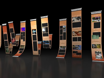 Curved Exhibition Display Stands With Multiple Image Panels And Orange Black Design 3d model