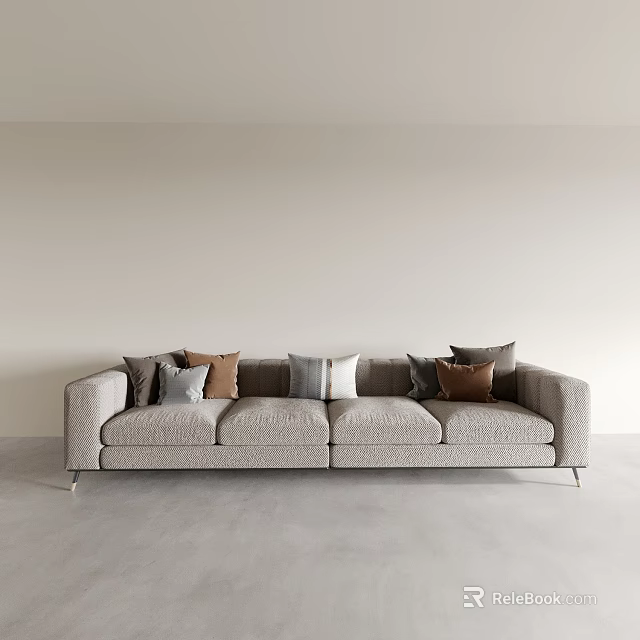Modern Light Gray Three Seater Sofa With Multiple Pillows And Metal Legs 3d model 