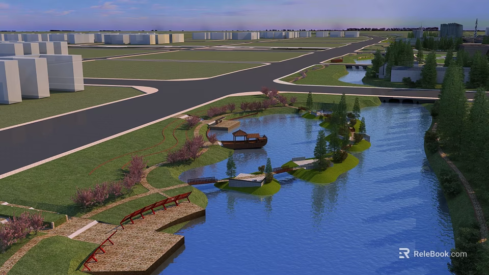 Waterfront Landscape Design With Lake Island Bridge Pavilion Walkway And Lush Greenery 3d model 