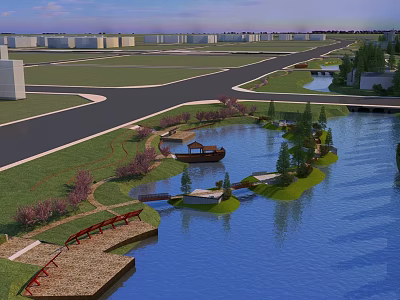 Waterfront Landscape Design With Lake Island Bridge Pavilion Walkway And Lush Greenery 3d model