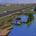 Waterfront Landscape Design With Lake Island Bridge Pavilion Walkway And Lush Greenery